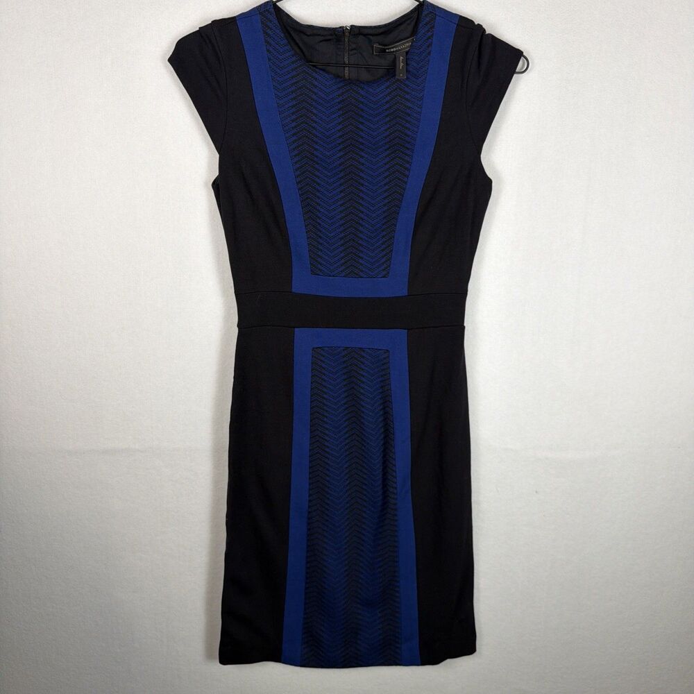 BCBGMAXAZRIA Womens 0 Black Blue Geometric Colorblock Zip Sheath Dress Bodycon